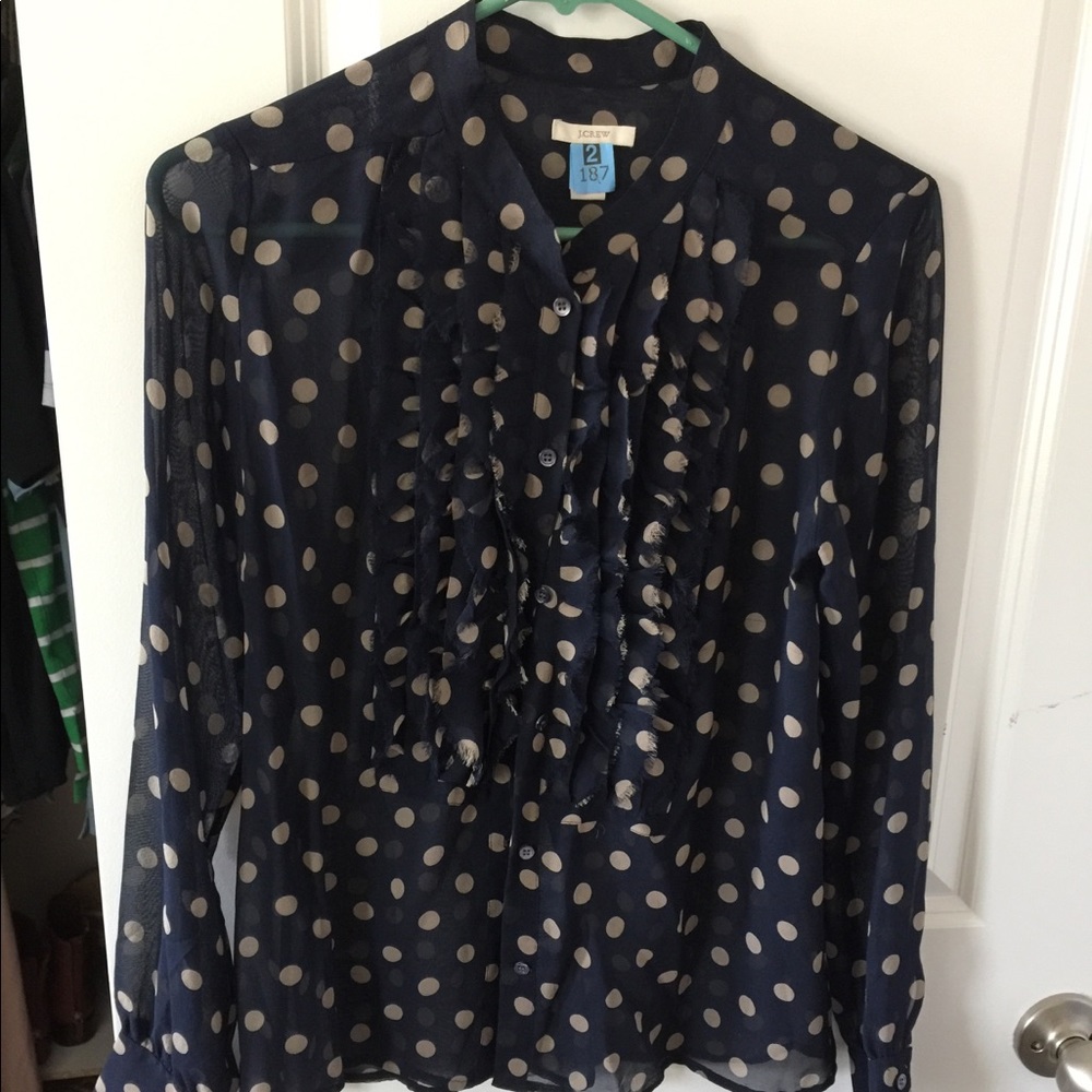 Navy and cream polka dot blouse